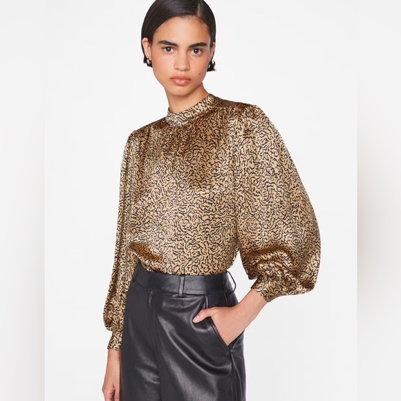 Frame Denim Tops - NWT FRAME Shirred Mock Neck Small Blouse 100% Silk Top Leopard Cheetah $398‎
